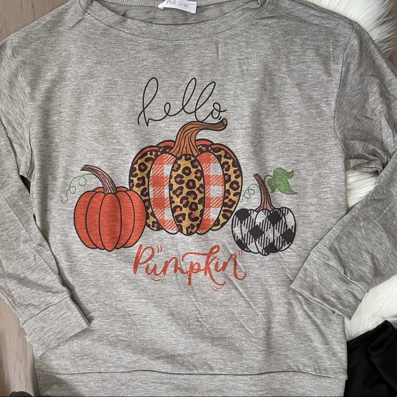"Hello Pumpkin" Heather Gray Pullover Sweatshirt - Picture 4 of 11